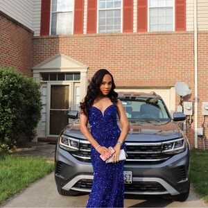Jovani 23771 Ariella Strapless Blue Sequin Maxi Prom Gown